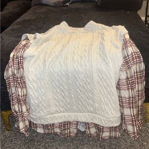 Maurices Cream Cable-Knit Sweater with Plaid Shirt Sleeves